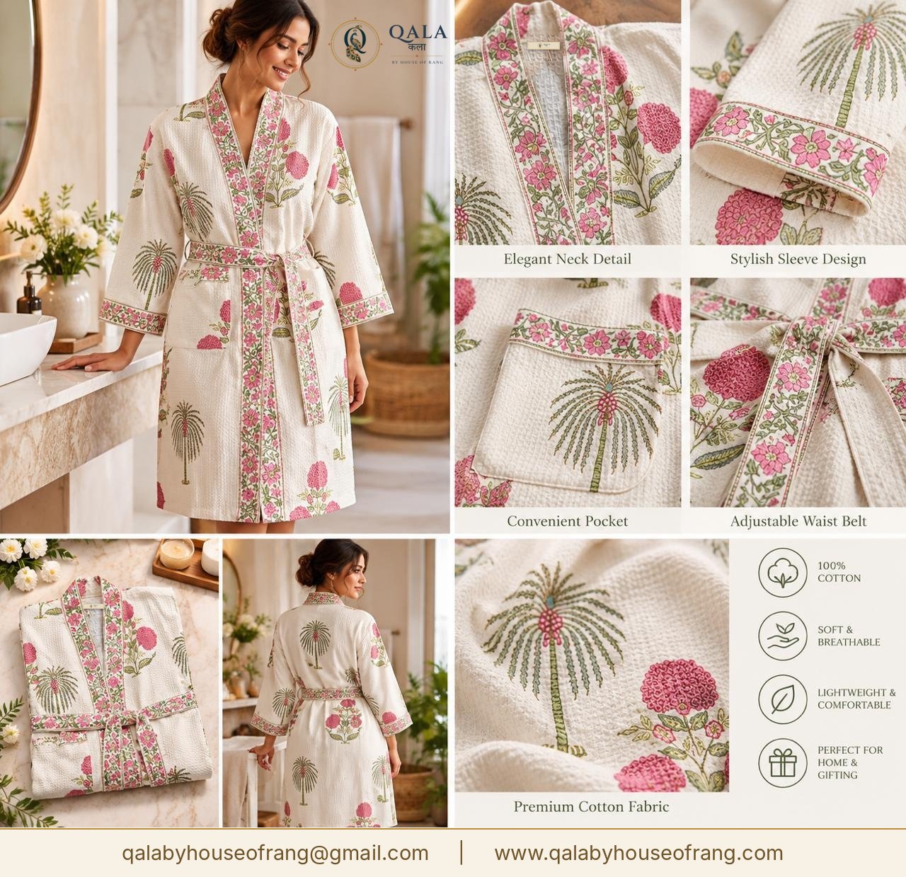 Waffle Cotton Bath Robe Pink Floral