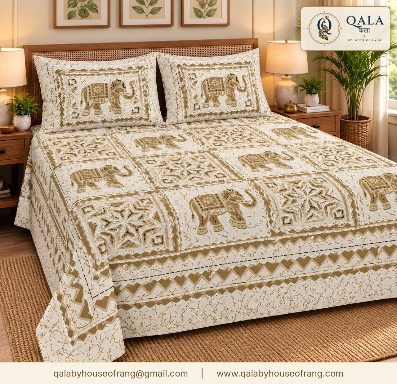 Anokhi Double Bedsheet Cream Elephant