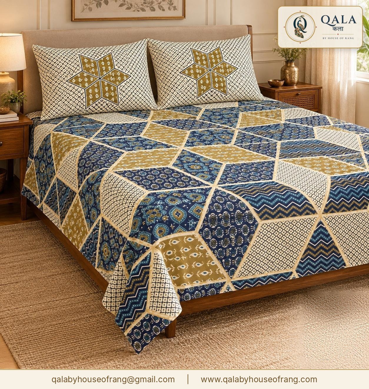 Bagru Gold Double Bedsheet Blue Patchwork
