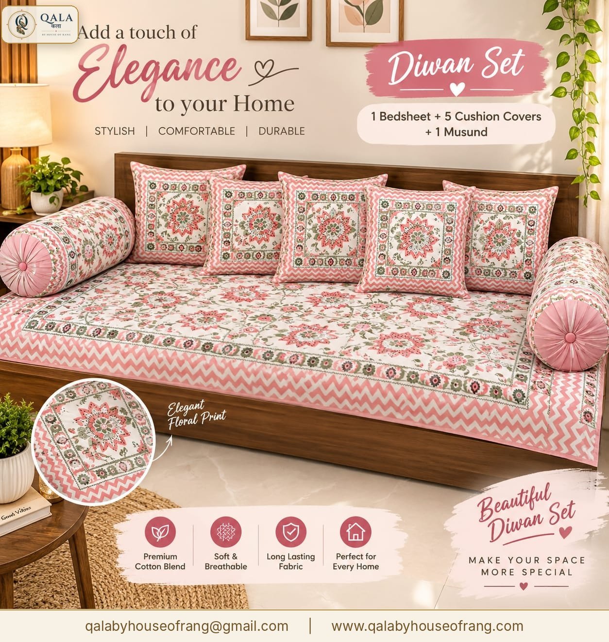 Block Print Diwan Set Pink Medallion