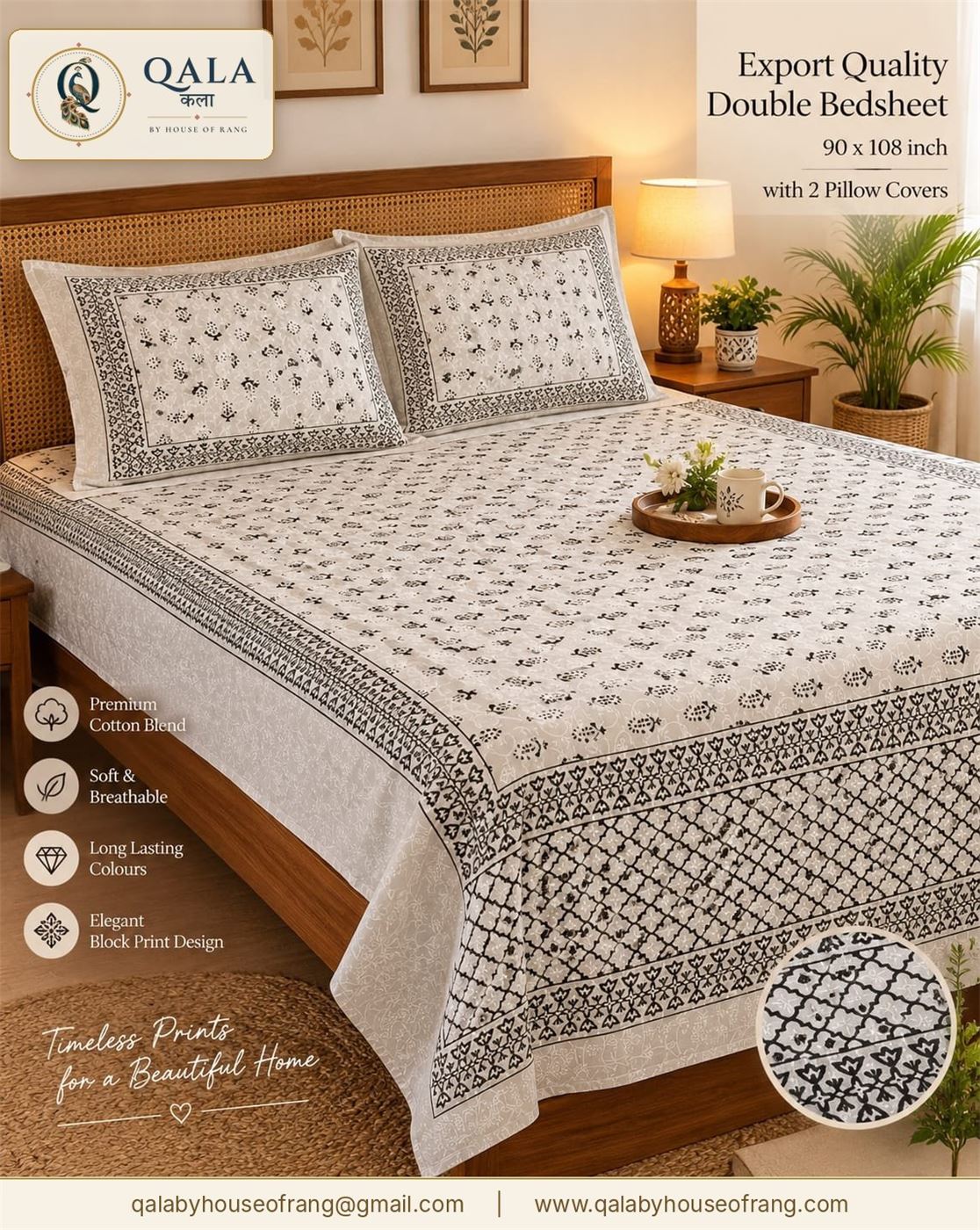 Export Double Bedsheet with 2 Pillow Covers Black Buti