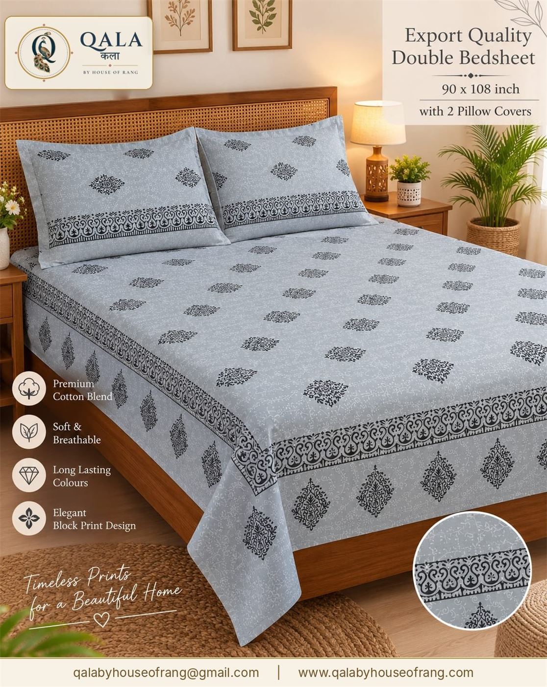 Export Double Bedsheet with 2 Pillow Covers Blue Buti