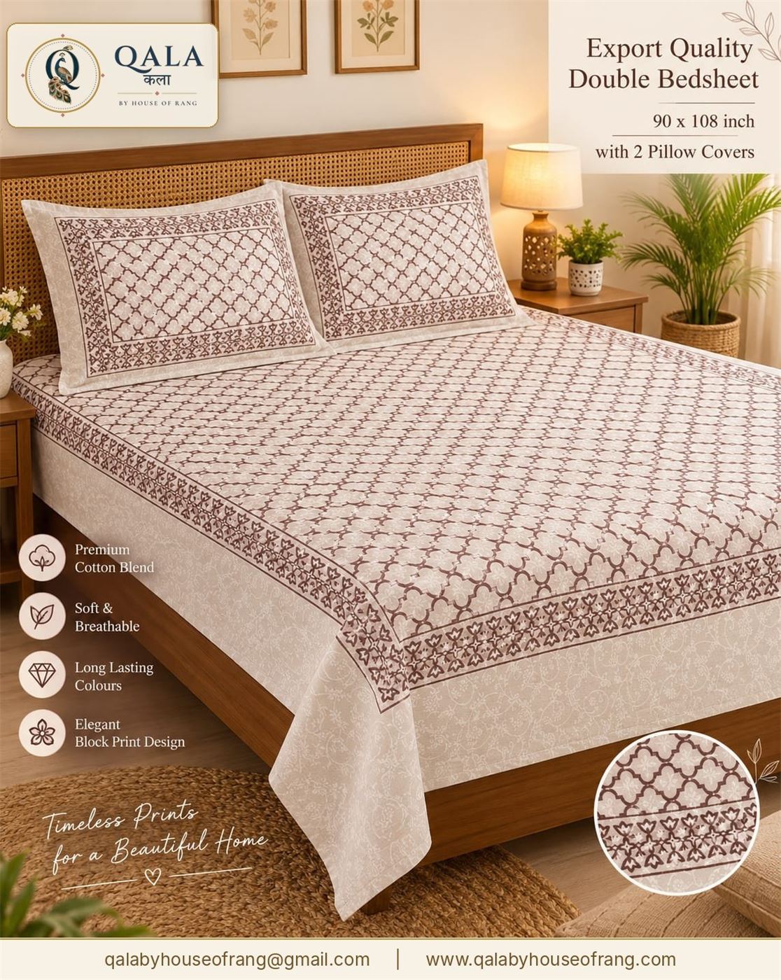 Export Double Bedsheet with 2 Pillow Covers Maroon Jaal