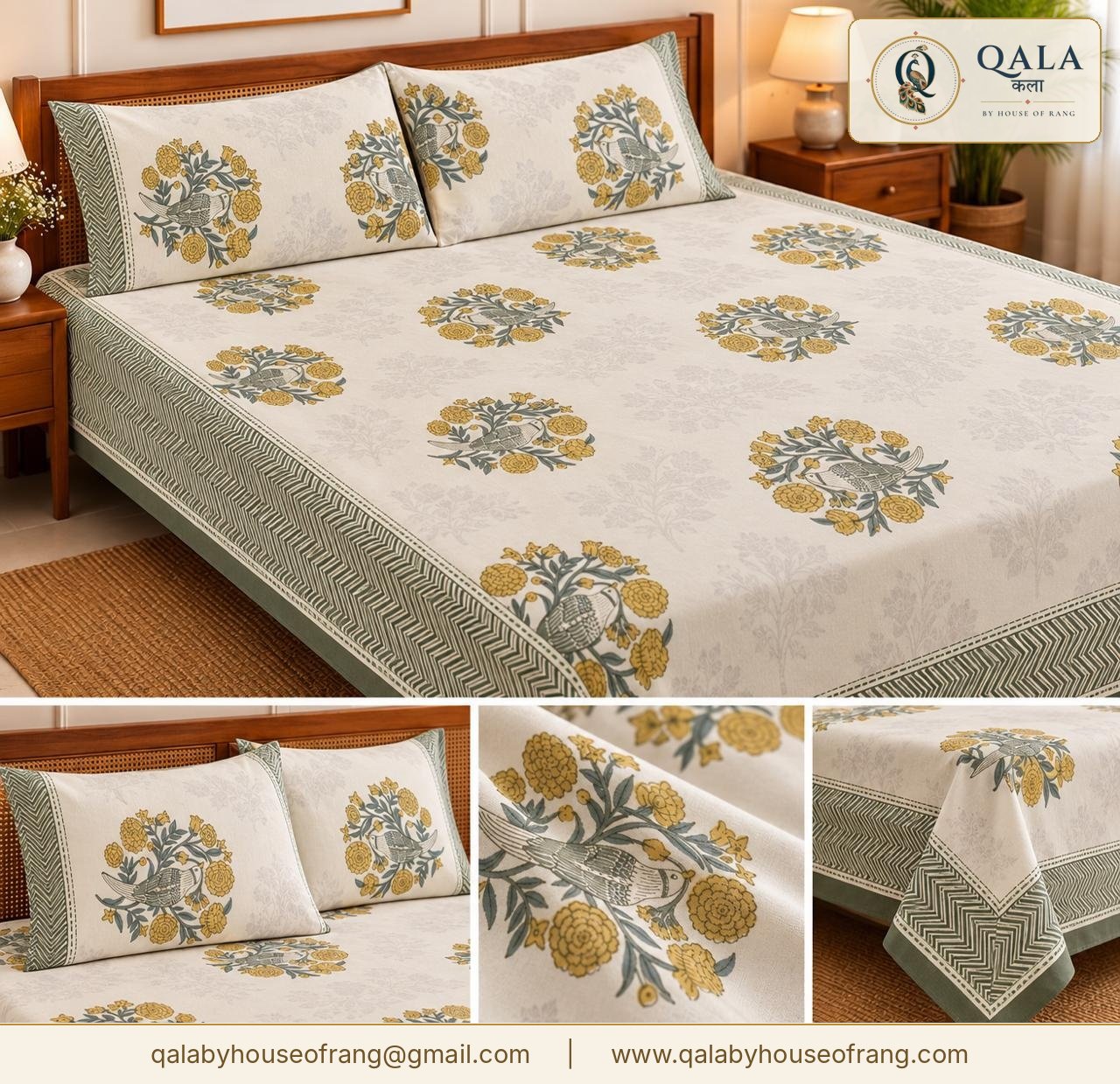 Heritage Bedsheet Mastard green Bird
