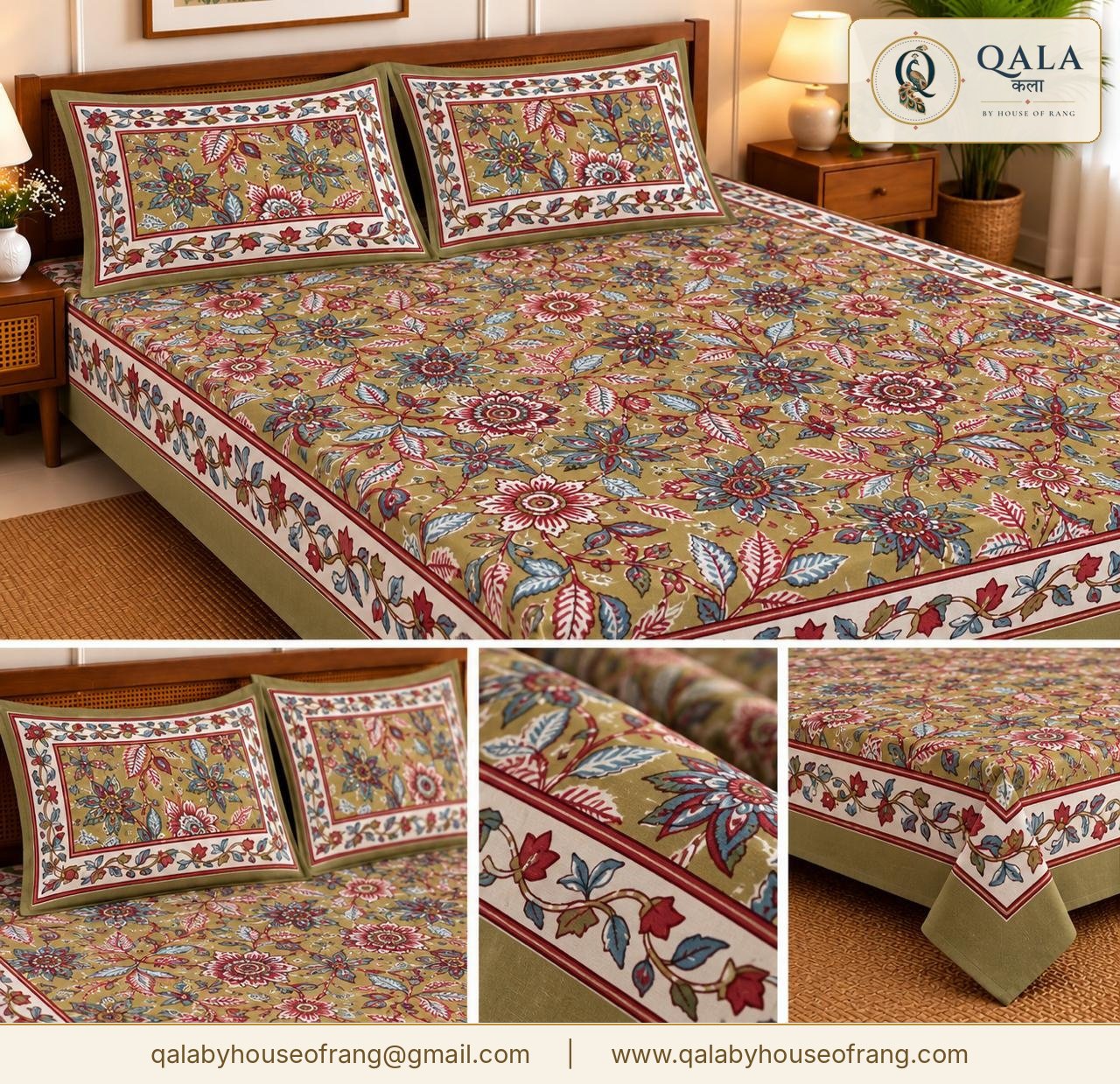 Heritage Double Bedsheet Olive Floral