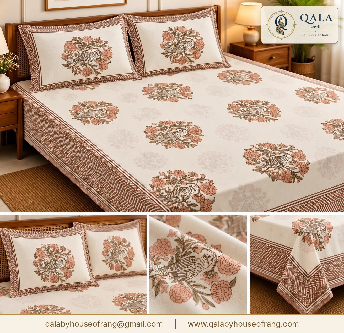 Heritage Double Bedsheet Peach Bird