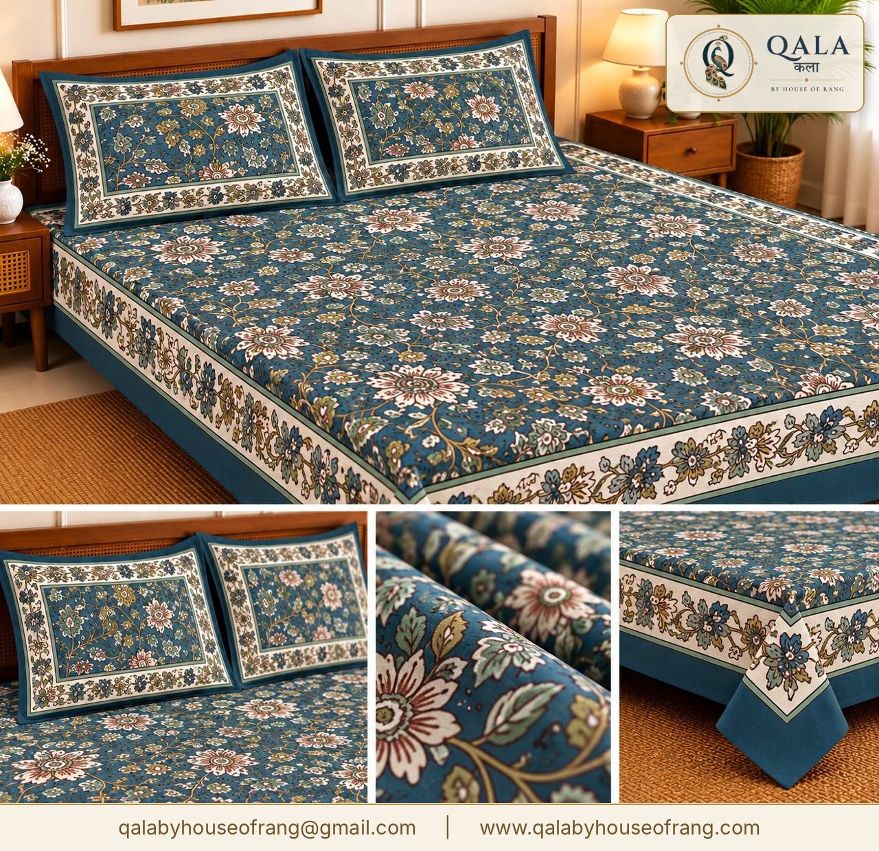 Heritage Double Bedsheet Teal Floral