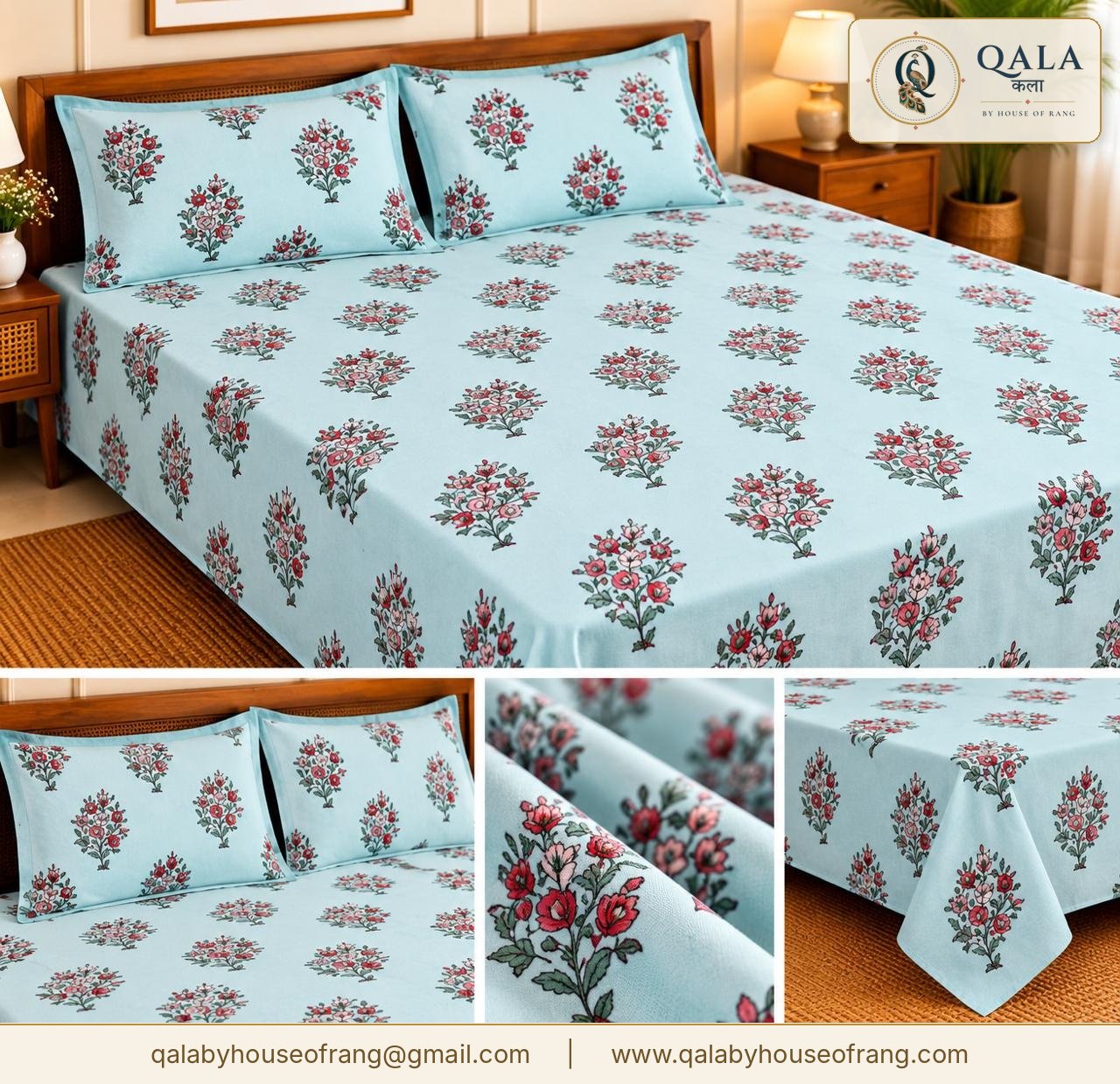 Dark Star Double Bedsheet Aqua Floral Buti