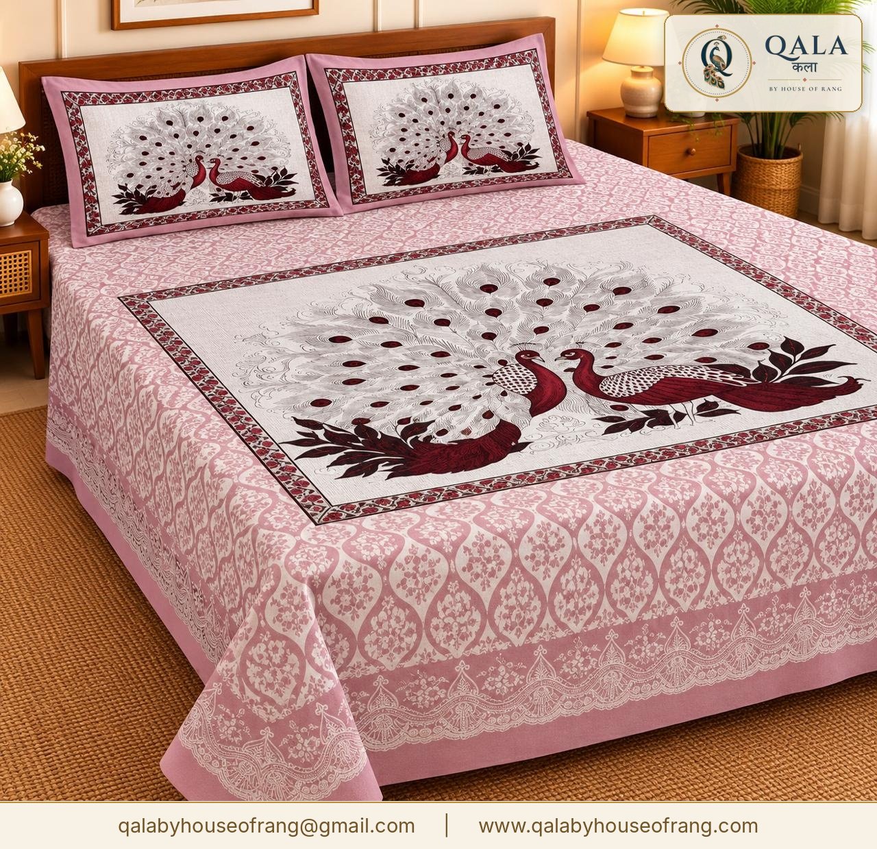Magnet Double Bedsheet Maroon Peacock
