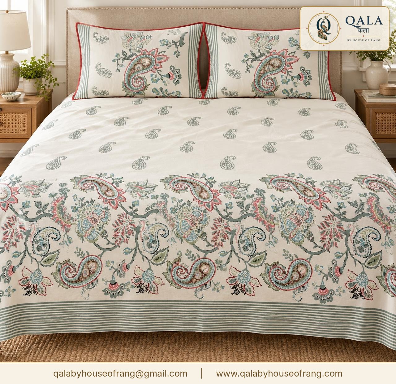 Rajasthani Double Bedsheet White Paisley