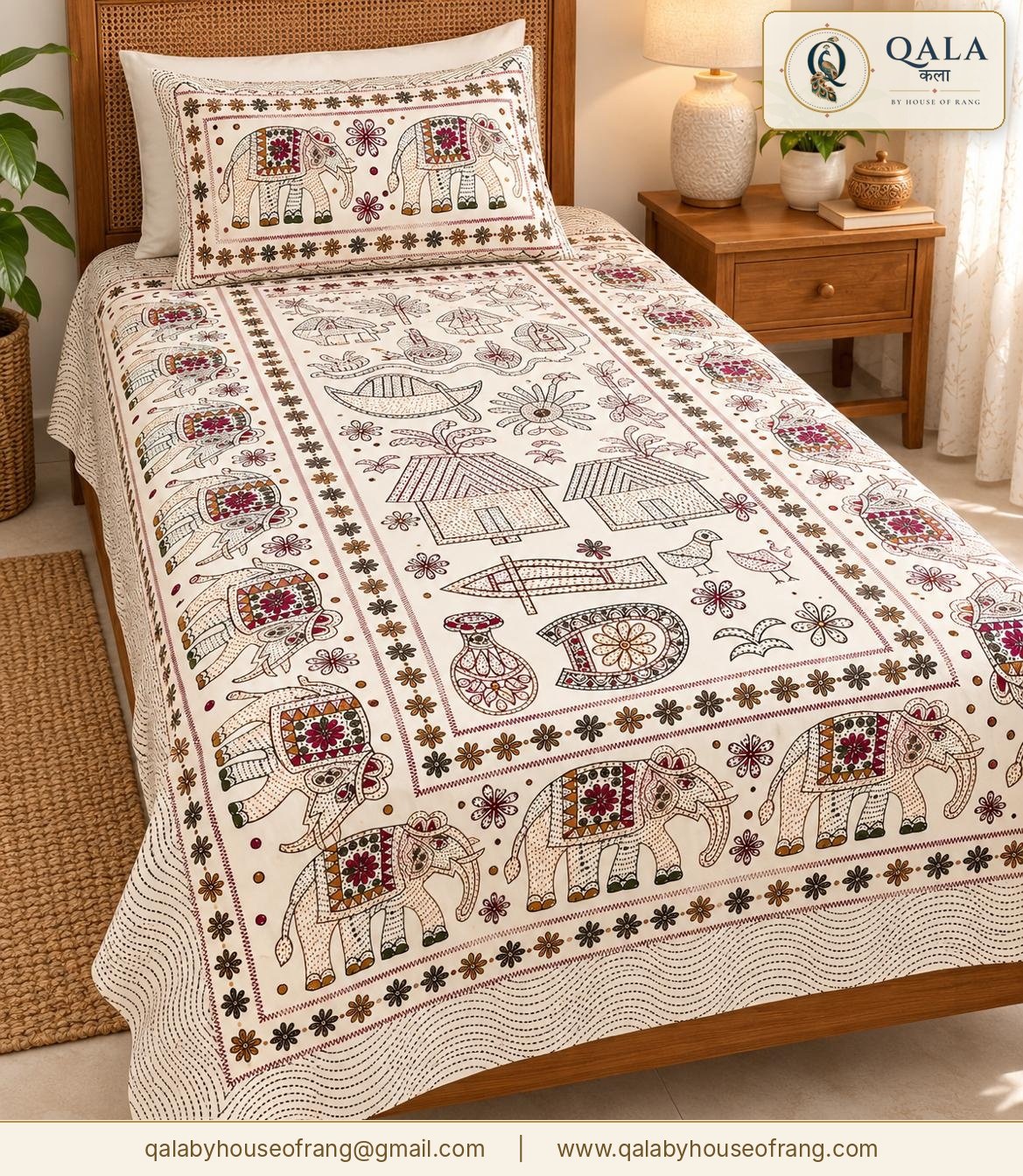 Block Print Single Bedsheet Cream Elephant