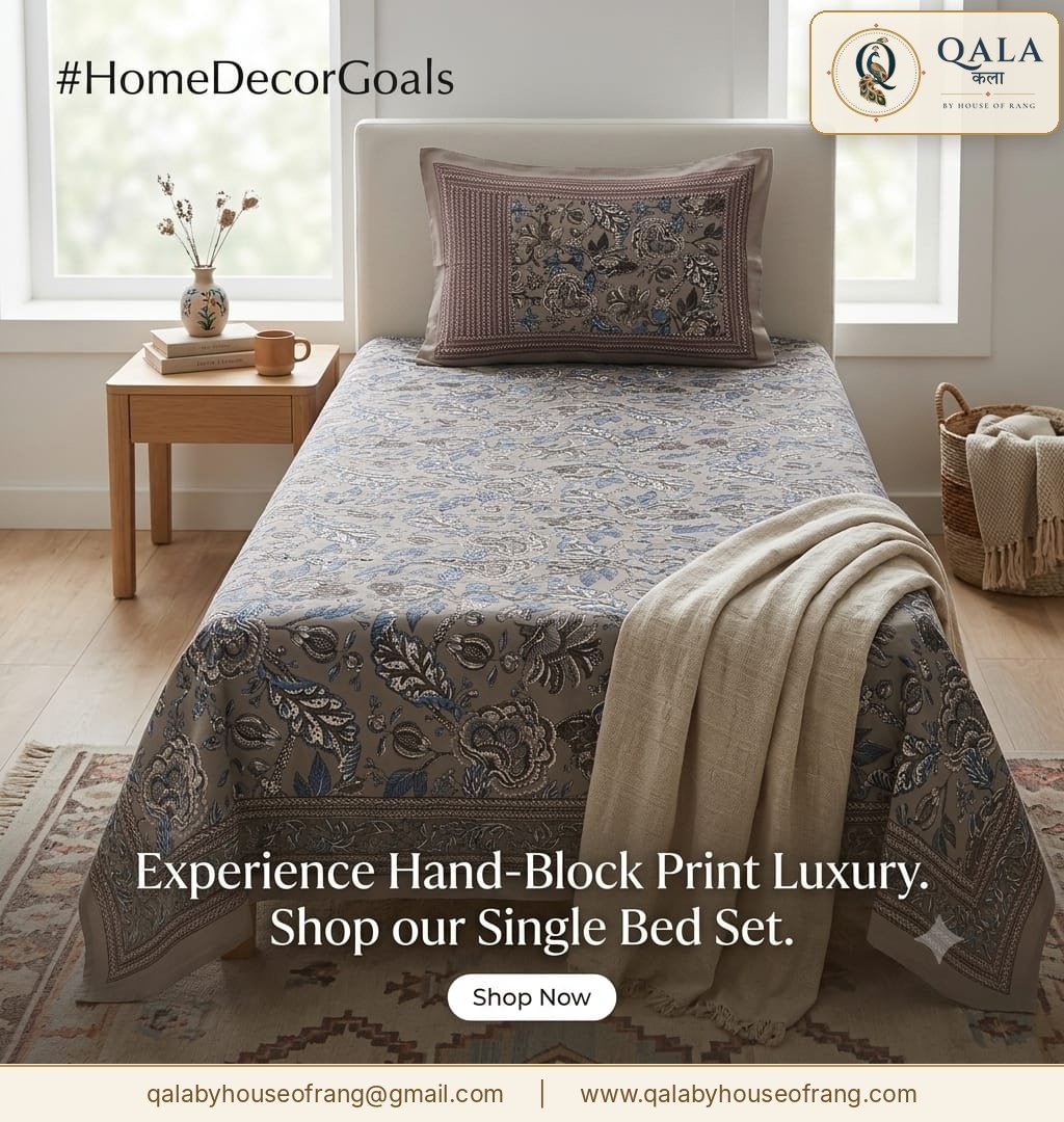 Block Print Single Bedsheet Grey Floral