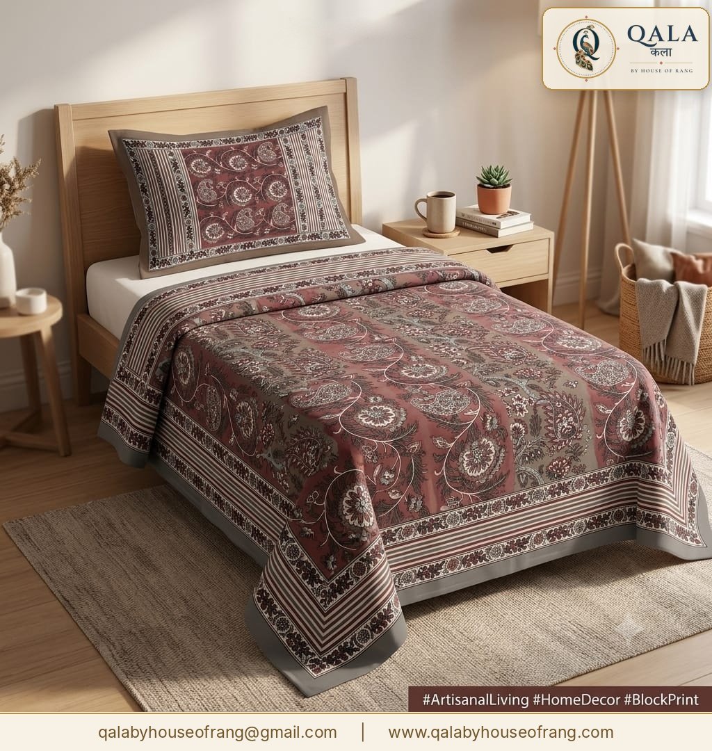Block Print Single Bedsheet Maroon Paisley