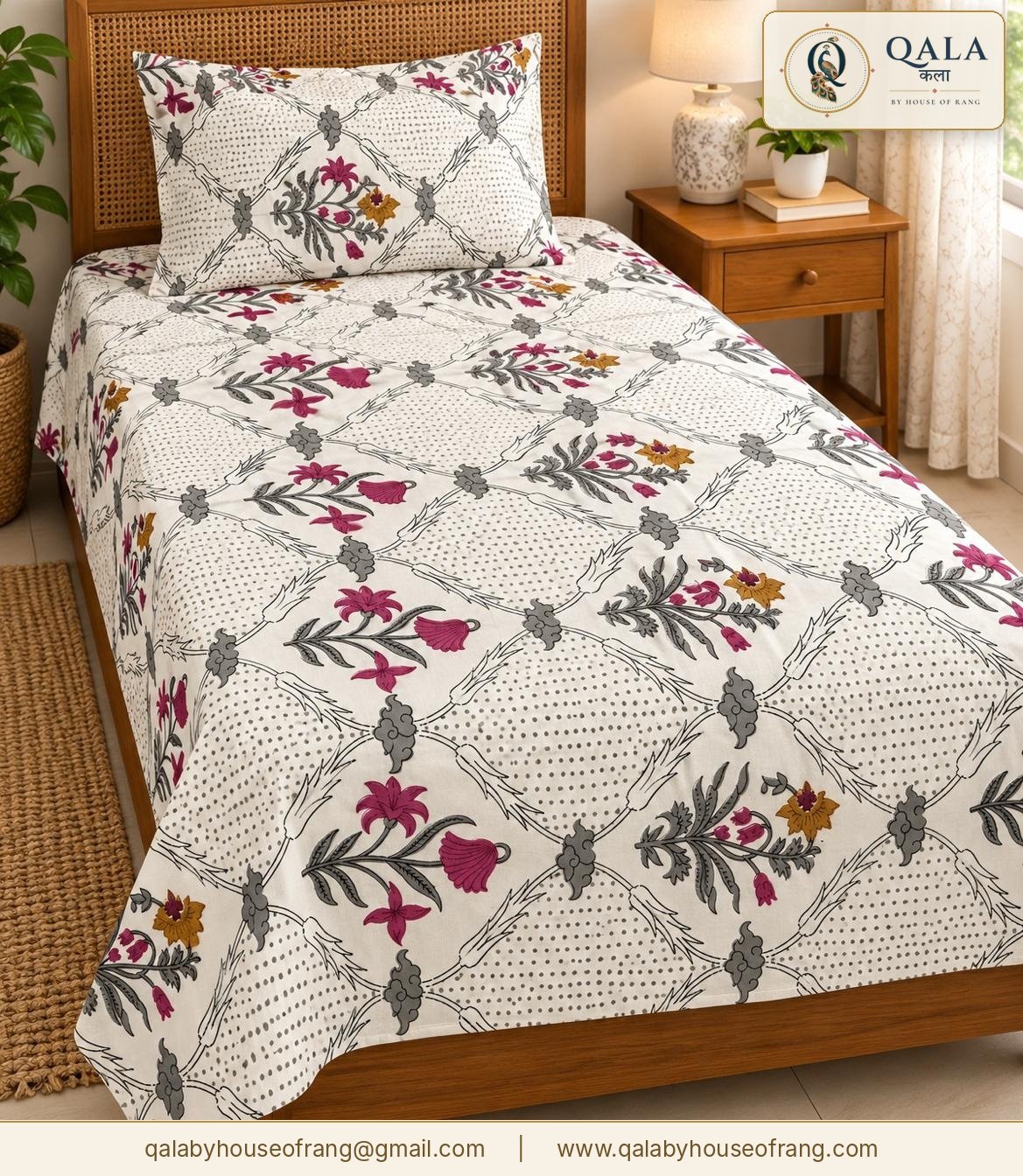 Block Print Single Bedsheet White Floral Jaal