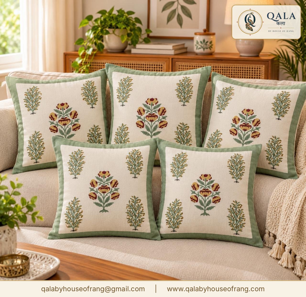Block Print Cushion Cover Olive Floral