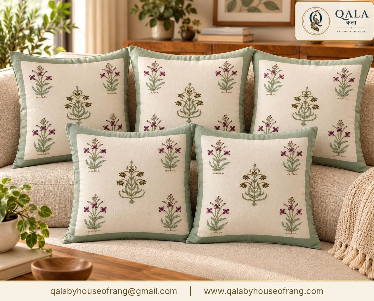 Block Print Cushion Cover Sage Floral Buti