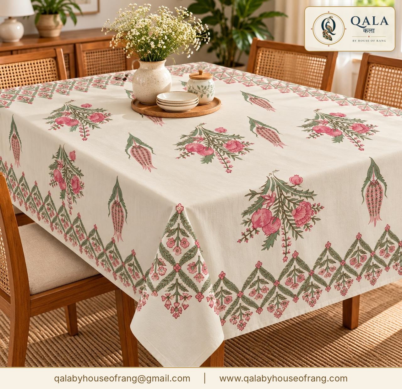 Block Print Dining Table Cover Pink Floral