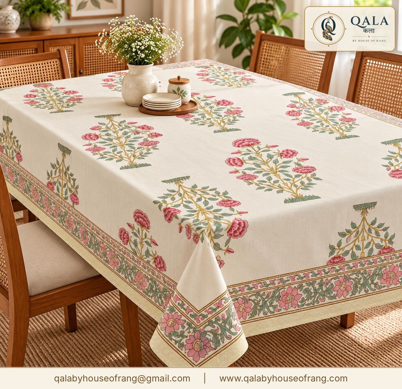 Block Print Dining Table Cover Pink Floral Tree