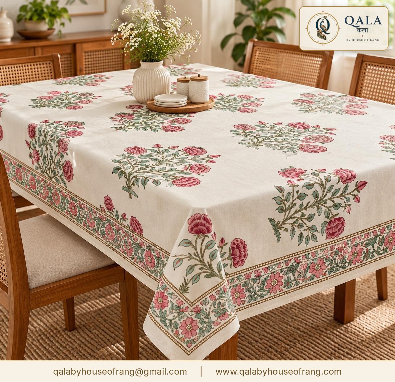 Block Print Dining Table Cover Rose Floral