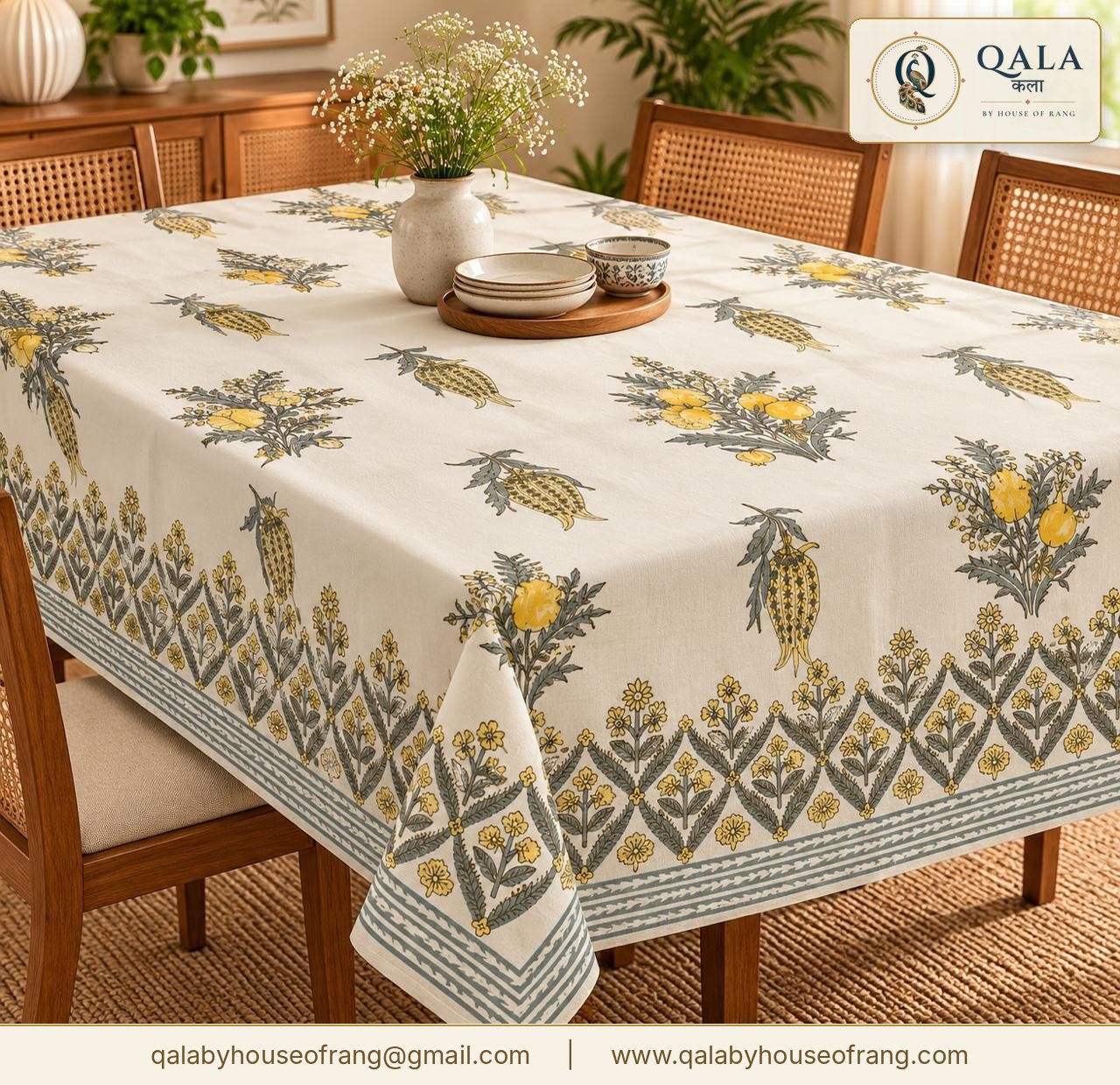 Block Print Dining Table Cover Yellow Floral