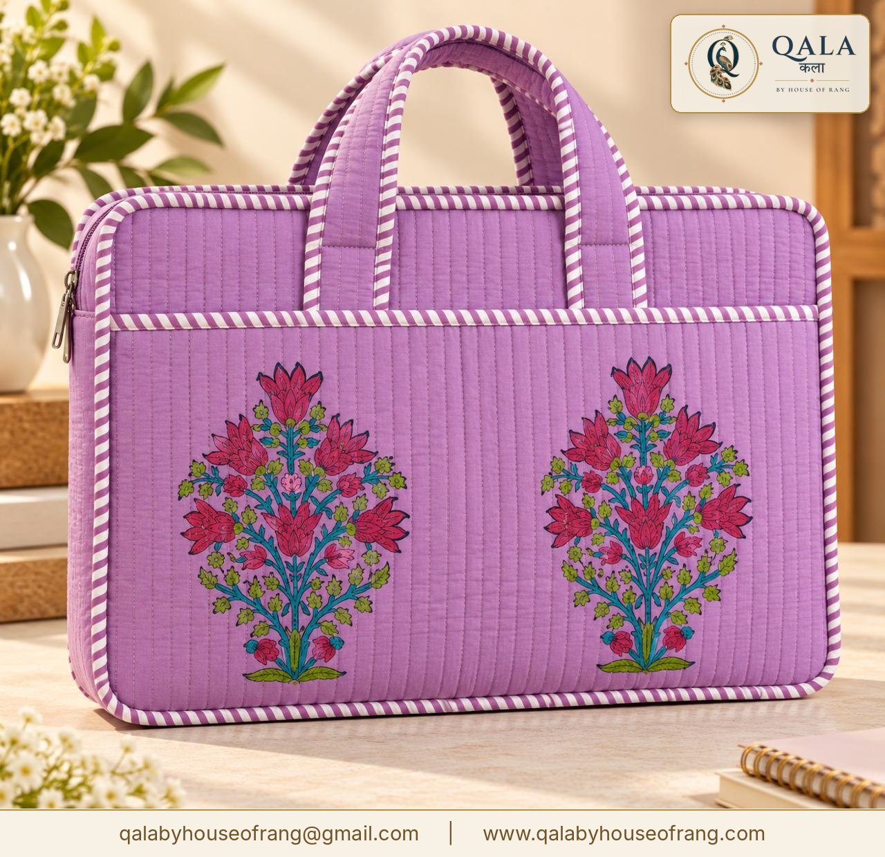 Quilted Block Print Laptop Bag Lilac Floral