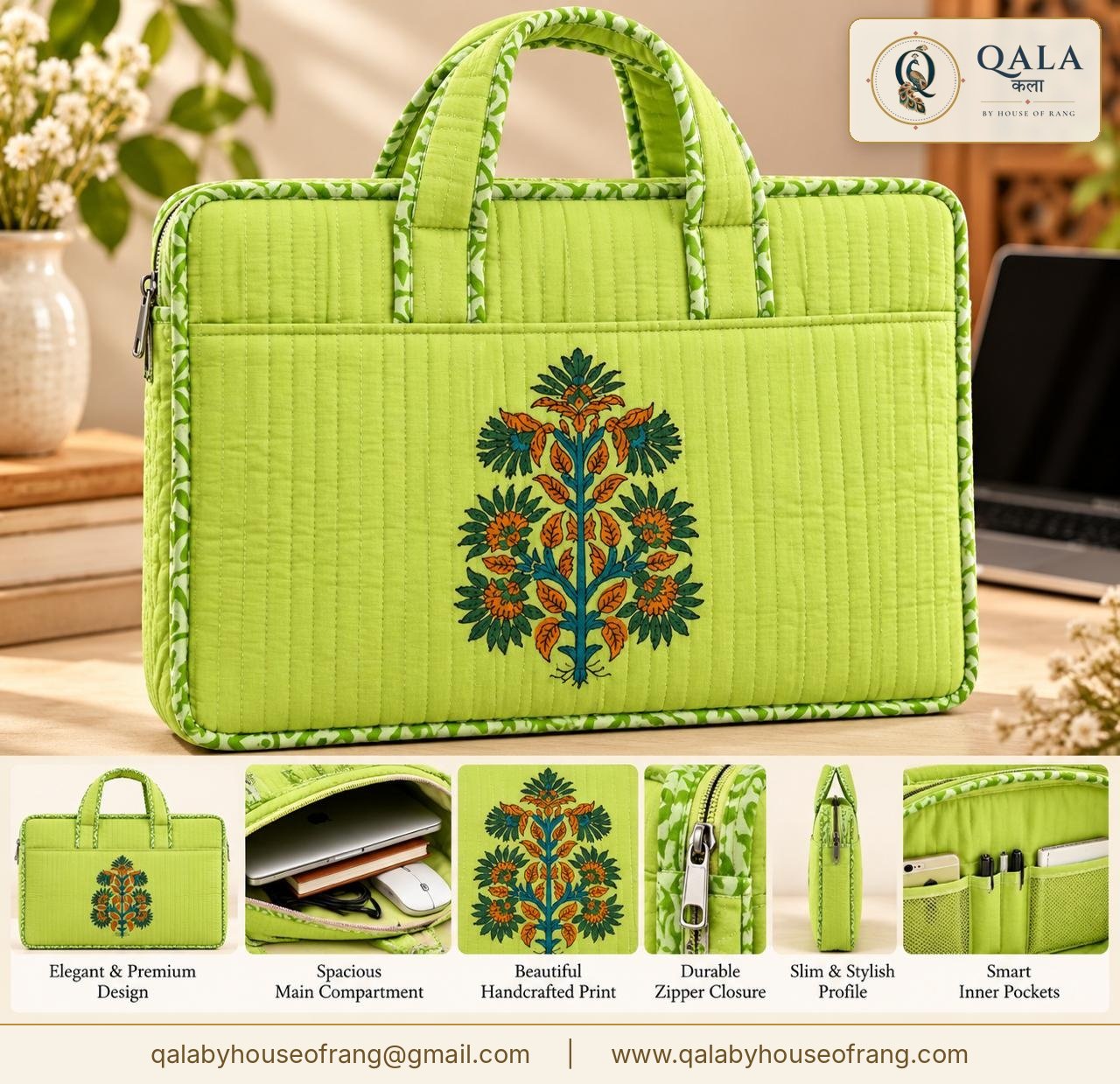 Quilted Block Print Laptop Bag Lime Floral