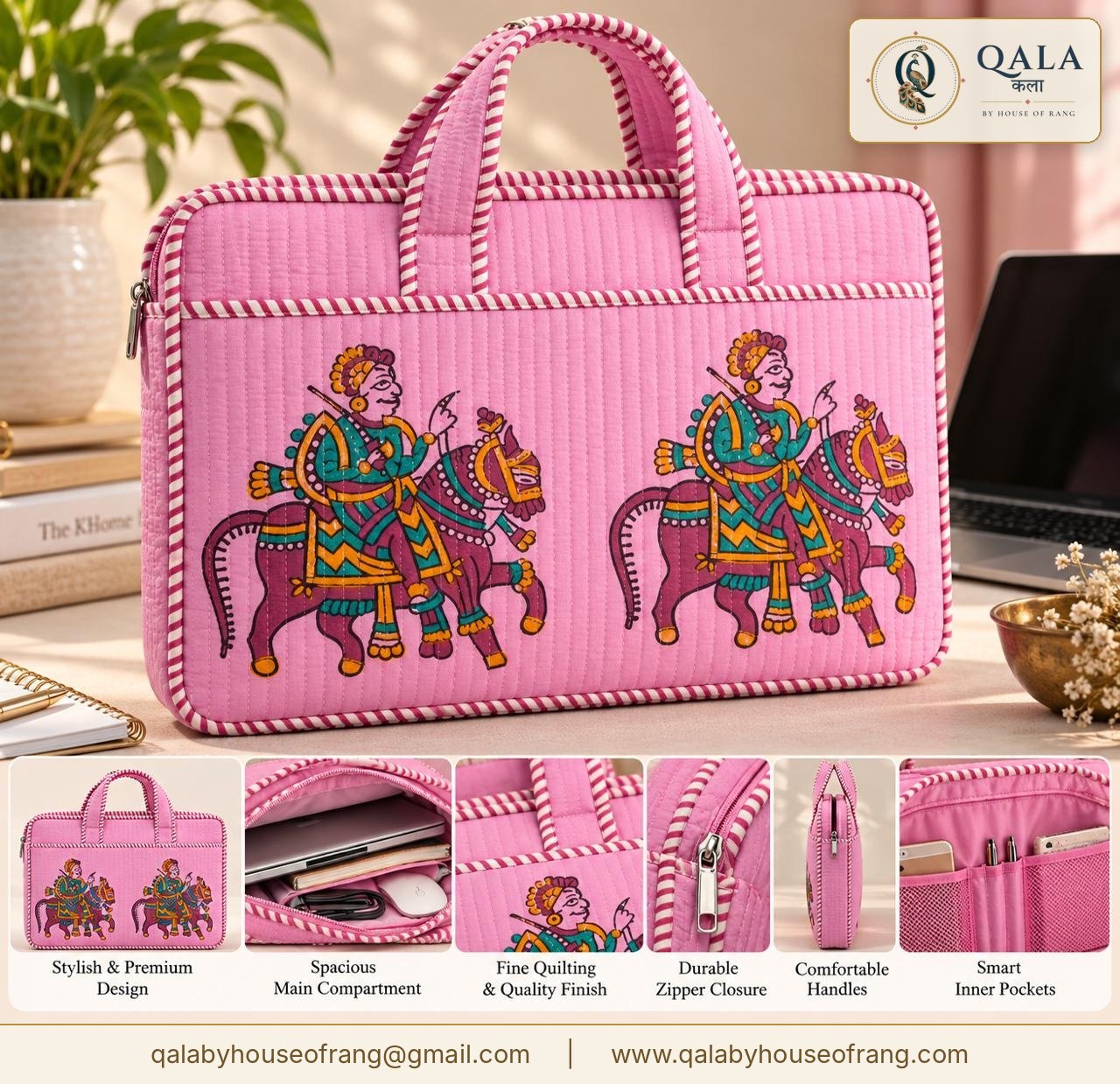 Quilted Block Print Laptop Bag Pink Horse Rider