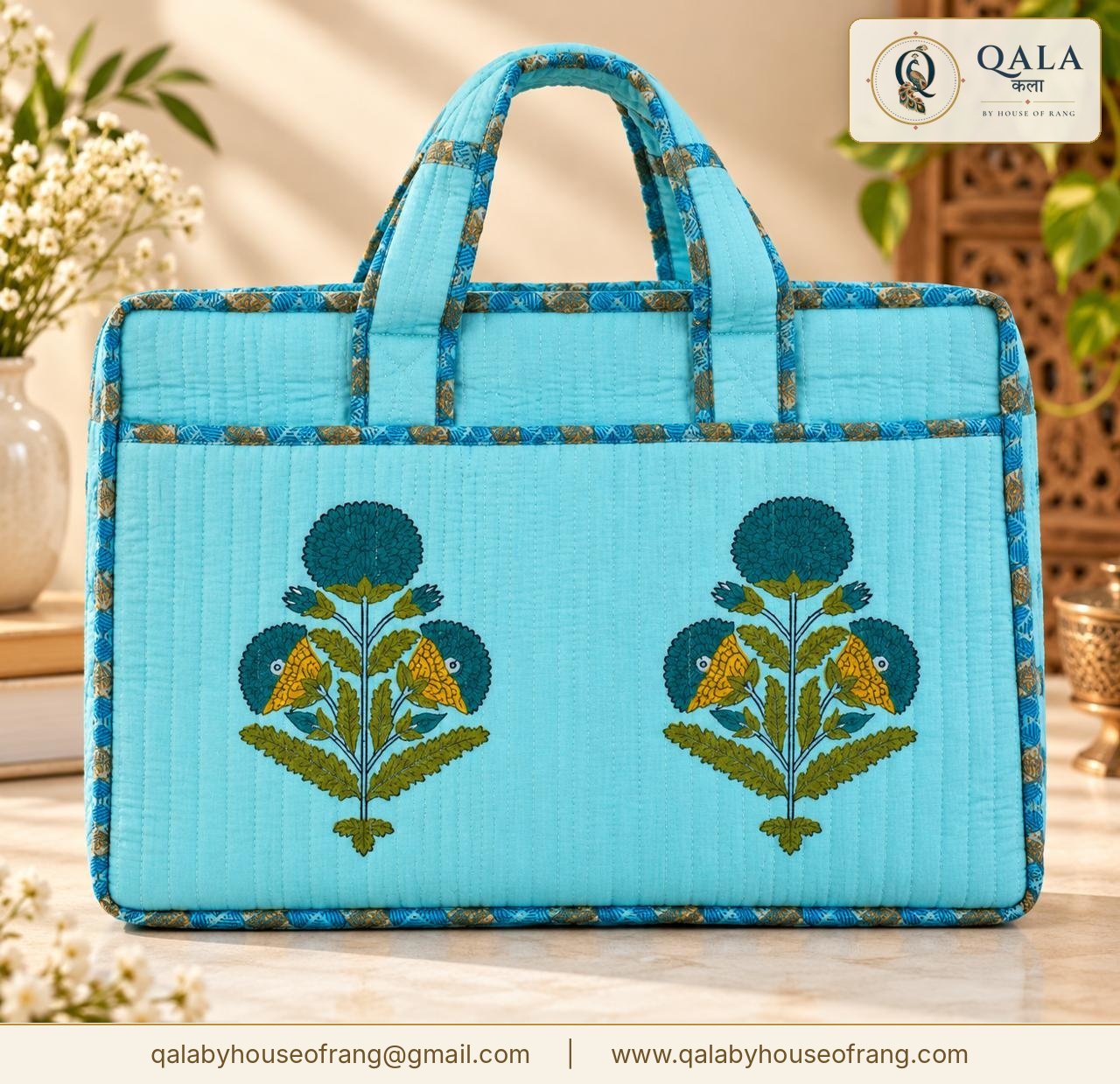 Quilted Block Print Laptop Bag Sky Blue Floral