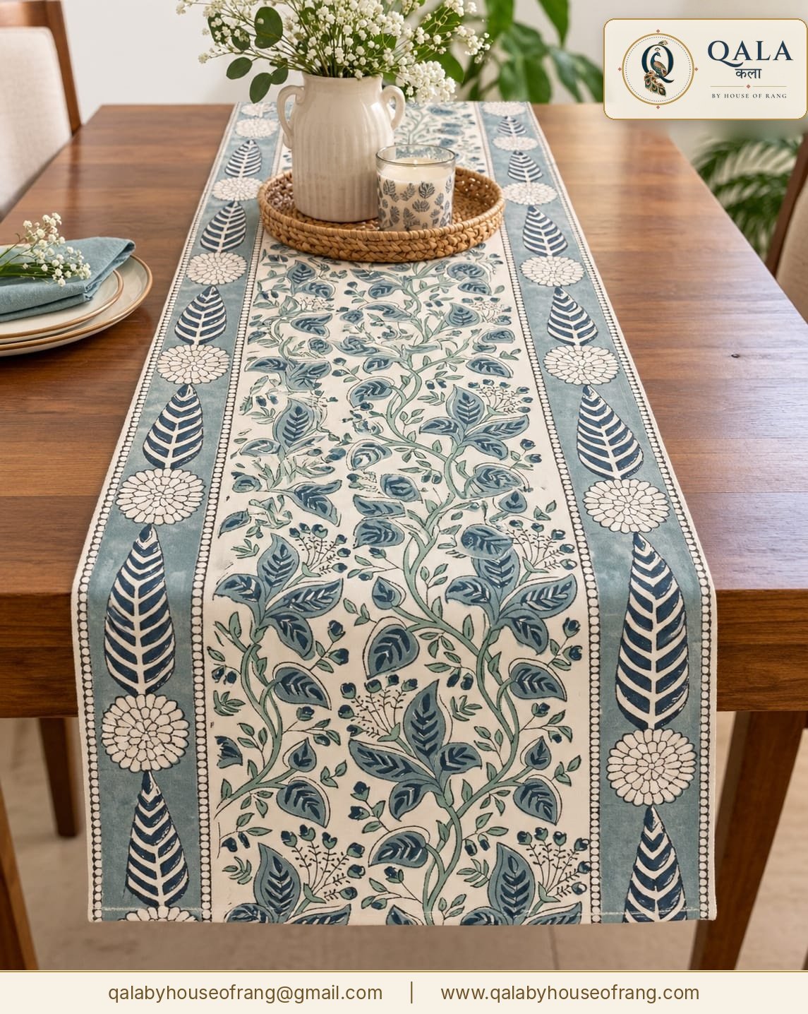 Block Print Table Runner Blue Floral Vine