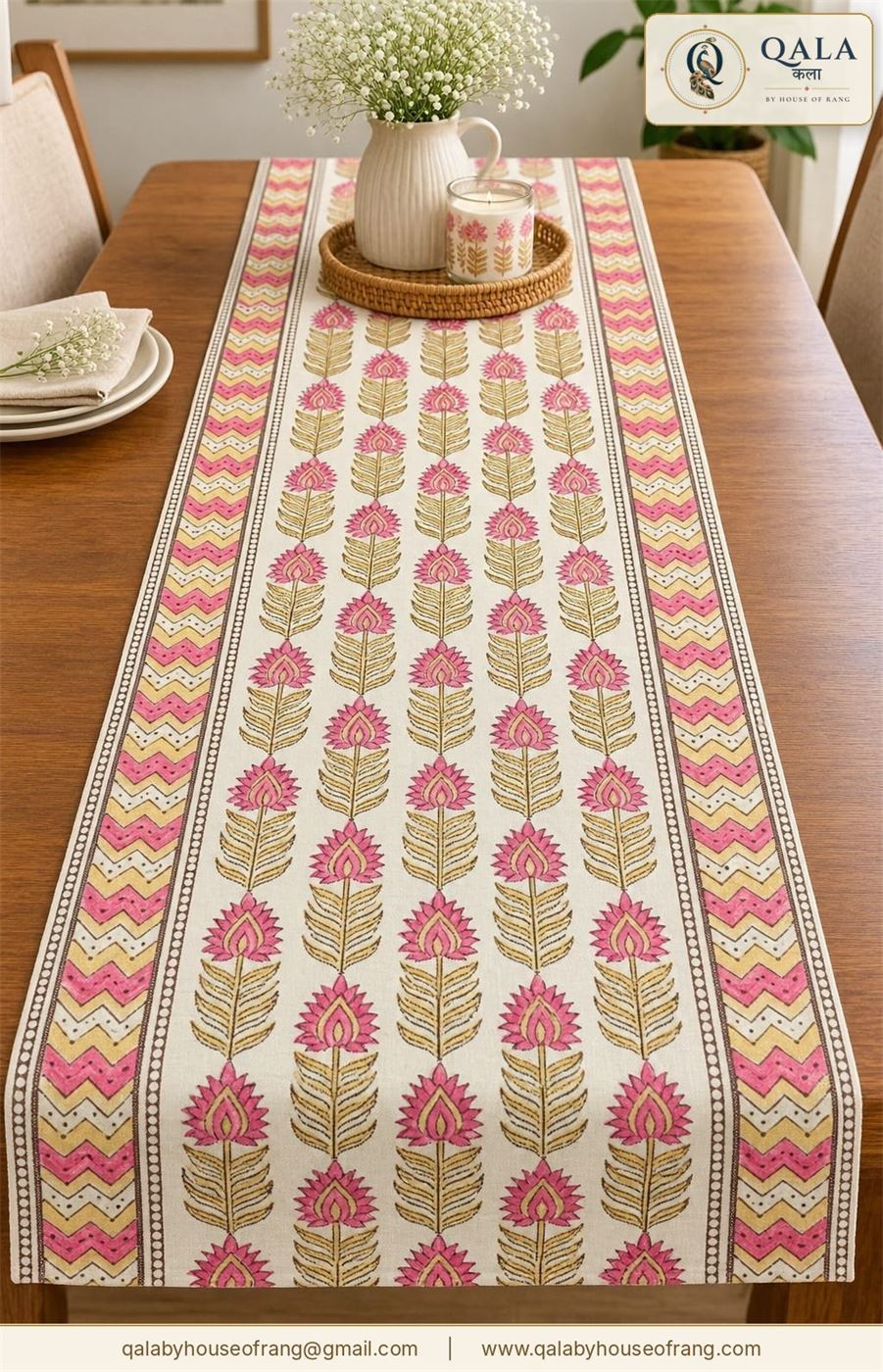Block Print Table Runner Pink Floral
