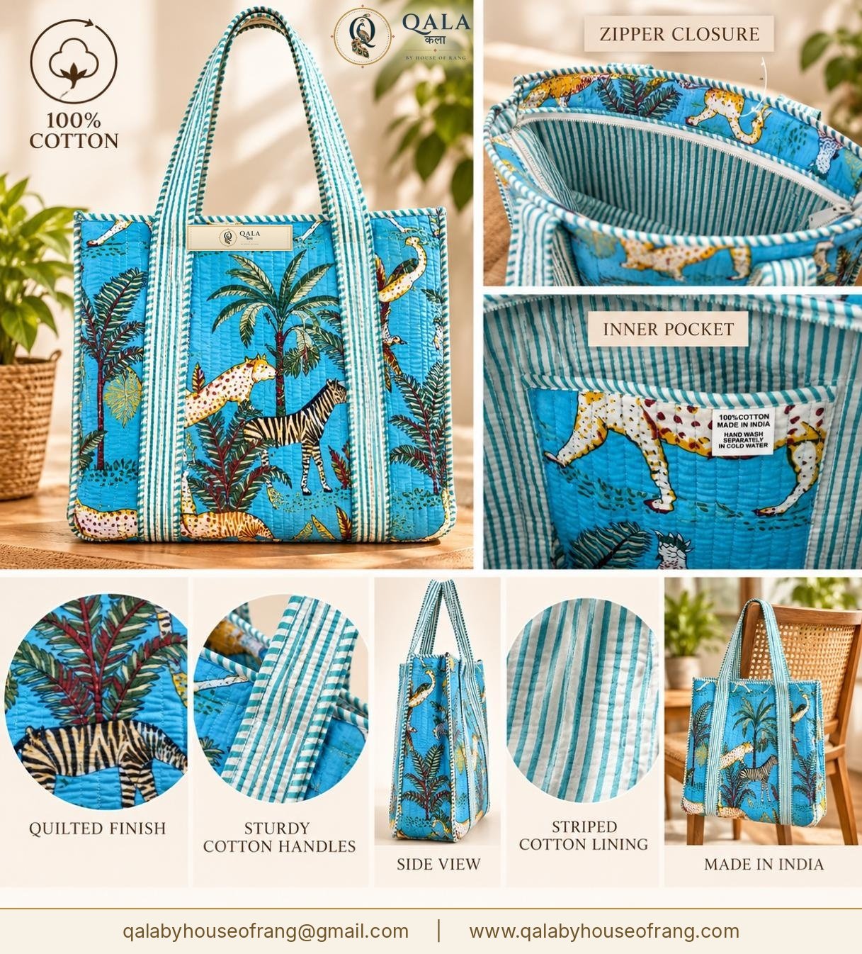 Quilted Block Print Tote Bag Blue