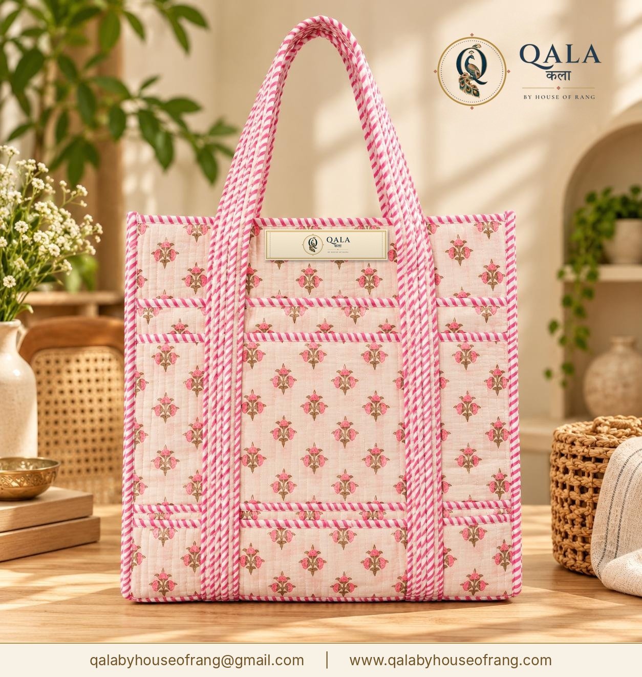 Quilted Block Print Tote Bag Pink