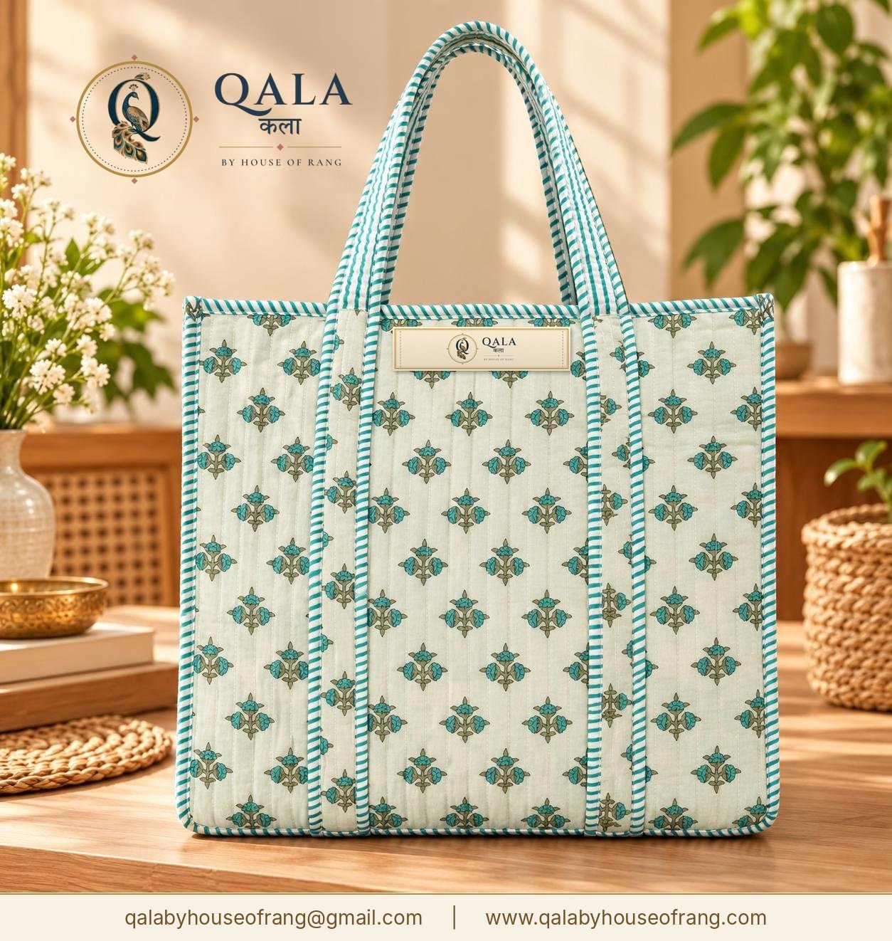 Quilted Block Print Tote Bag Teal blue