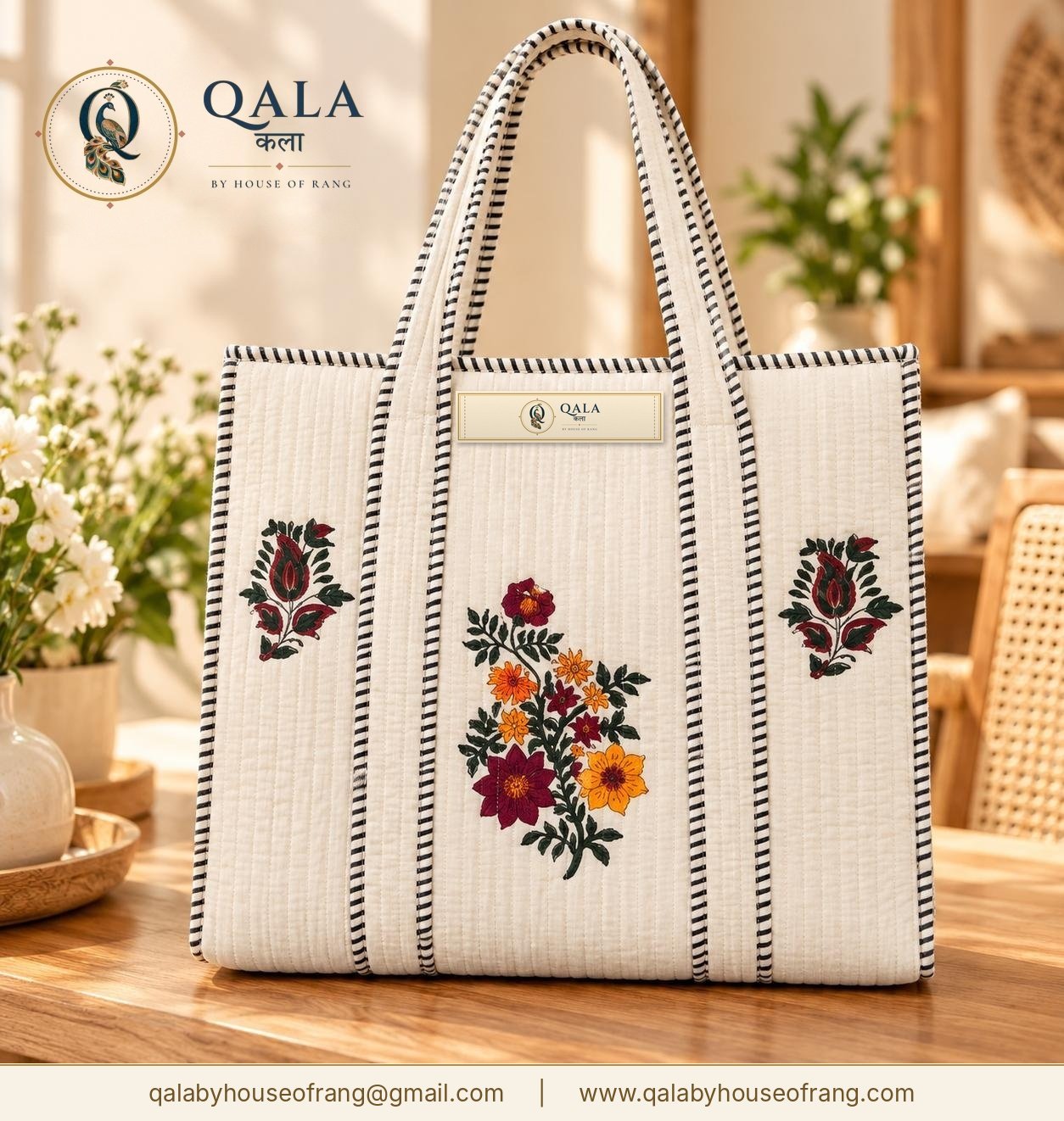 Quilted Block Print Tote Bag White