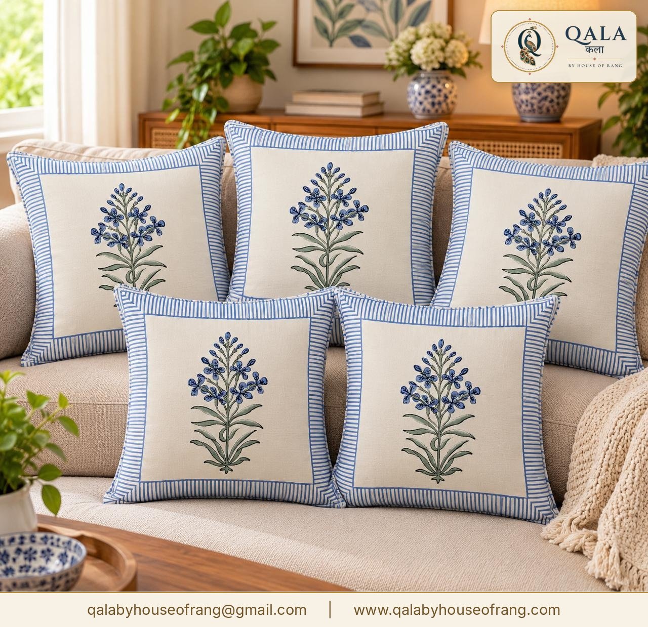 Block Print Cushion Cover Blue Floral