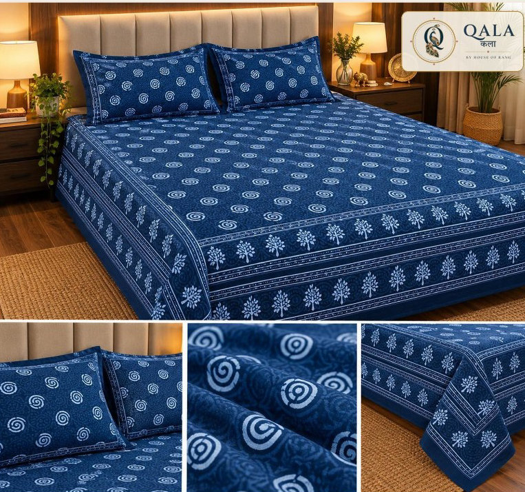 Indigo Double Bedsheet Blue Geometric