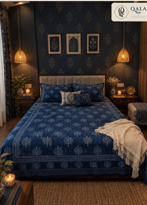 Indigo Double Bedsheet Blue Tree
