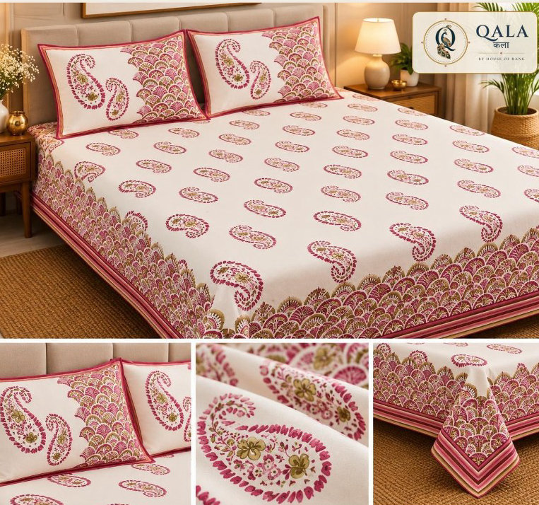Rajasthani Double Bedsheet Pink Paisley