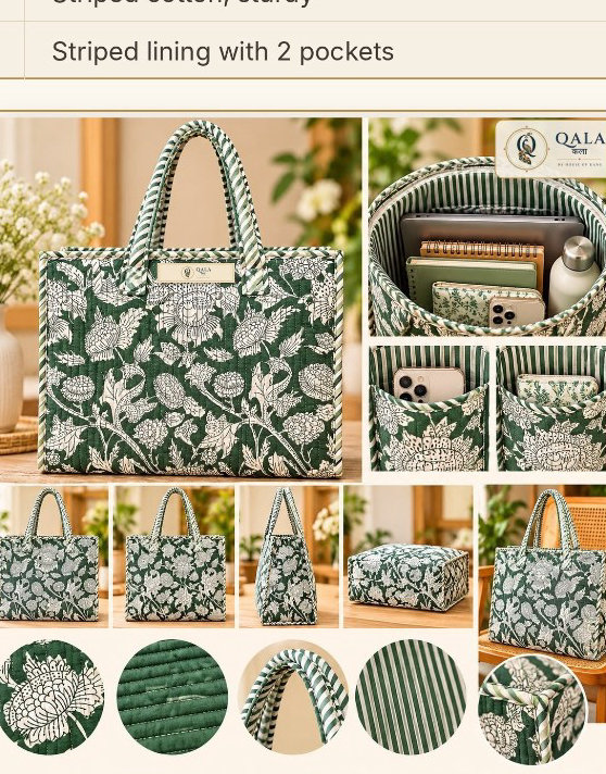 Quilted Tote Bag Green-FLR Medium 14*14