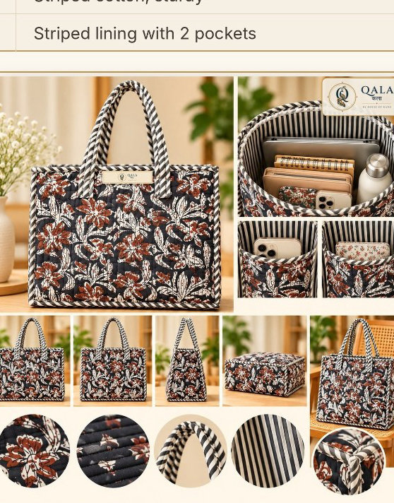Quilted Tote Bag-Navy-FLR Medium 14*14