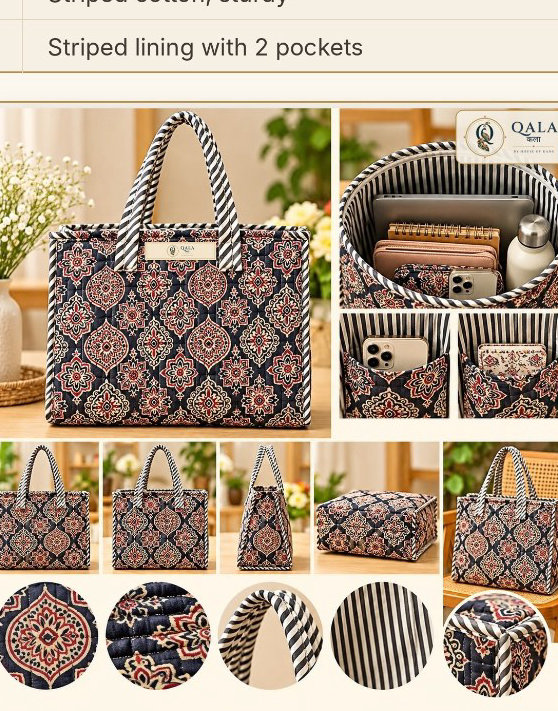 Quilted Tote Bag-Navy-MND Medium 14*14