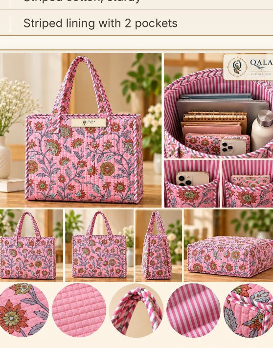 Quilted Tote Bag-Pink-FLR Medium 14*14