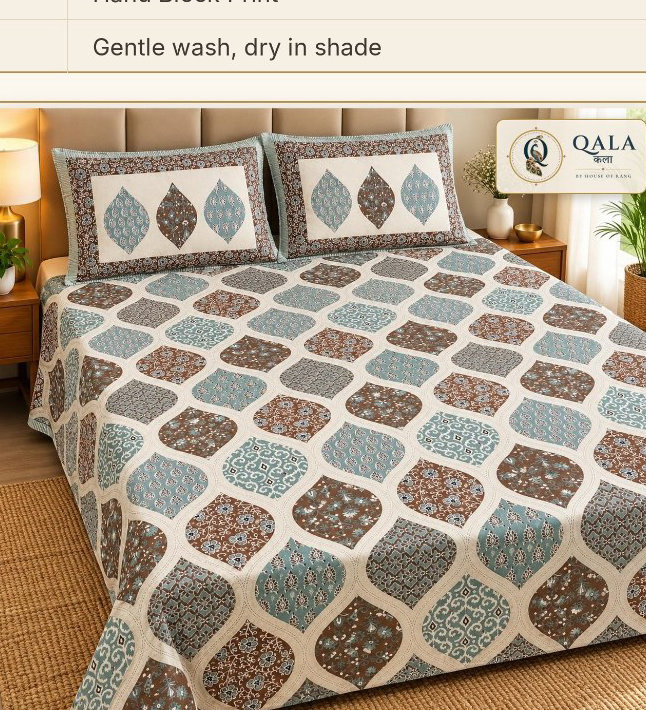 Badmesri-100-108-Double Bedsheet Block Print-Aqua-GEO