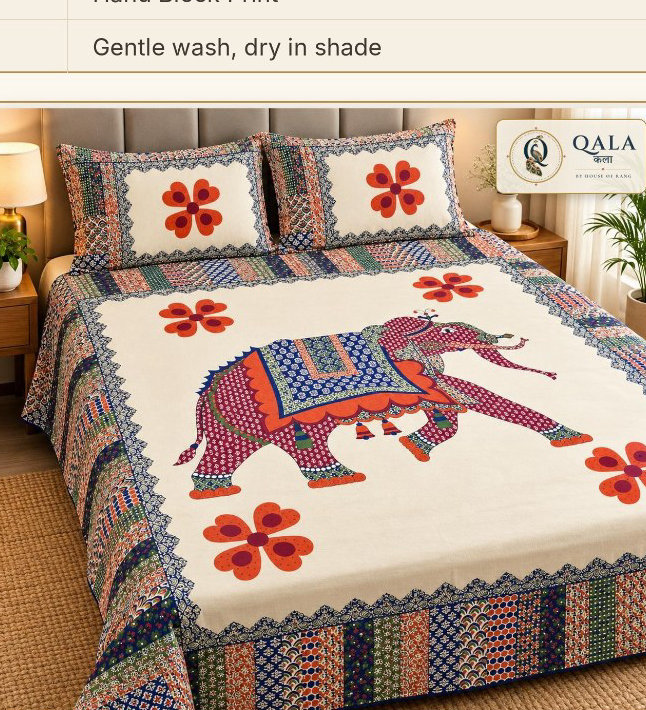 Double Bedsheet Block Print-Cream-ELE