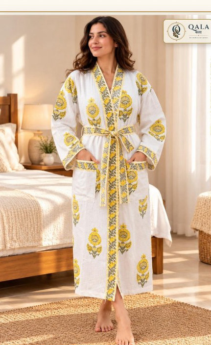 Waffle Cotton Bath Robe Yellow Floral