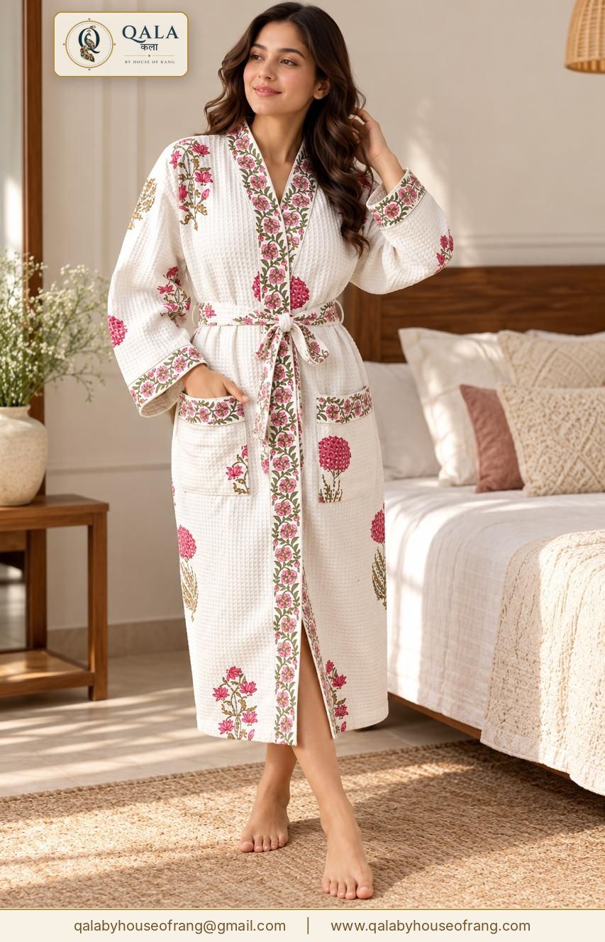 Waffle Cotton Bath Robe Rose Floral