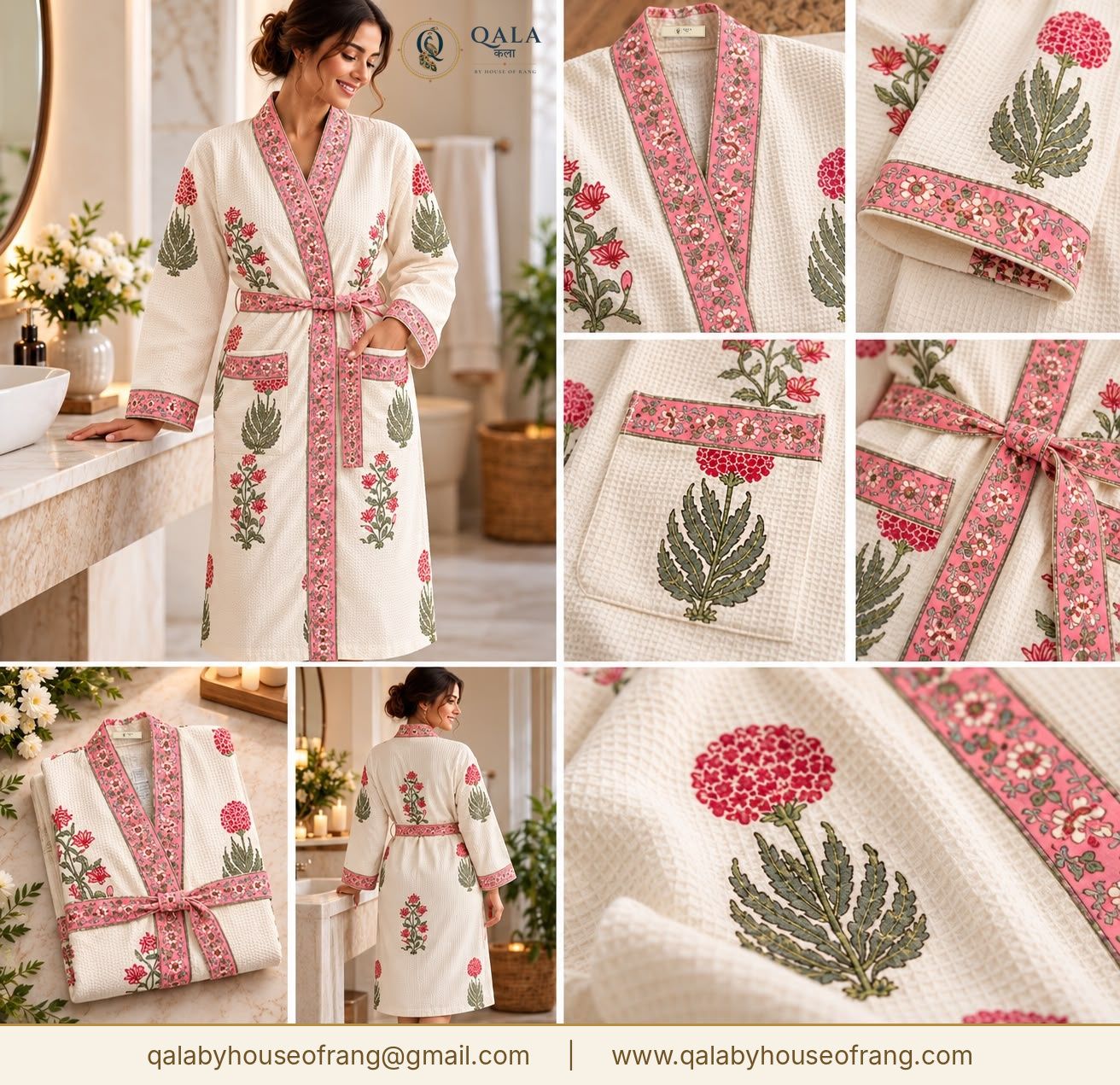 Waffle Cotton Bath Robe Blush Floral